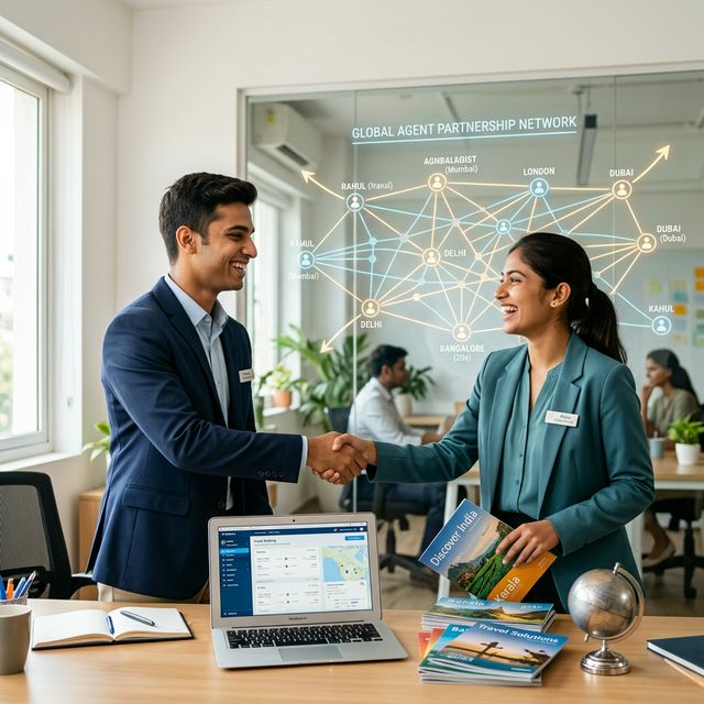 Travel agents shaking hands celebrating partnership