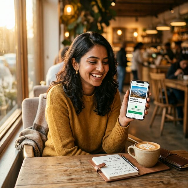 Happy customer booking a tour package on smartphone