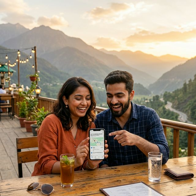 Happy couple viewing and sharing trip details on smartphone