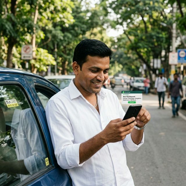 Cab driver checking trip notification on smartphone