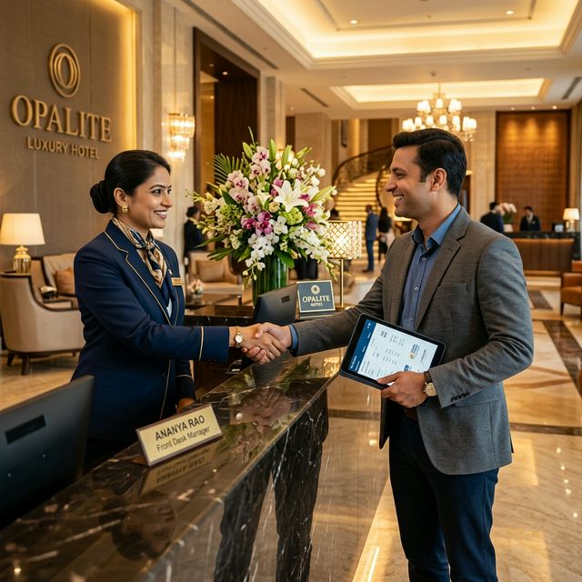 Hotel manager partnering with travel agent in luxury lobby