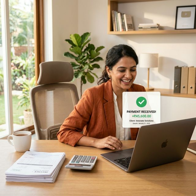 Business owner viewing payment received on laptop