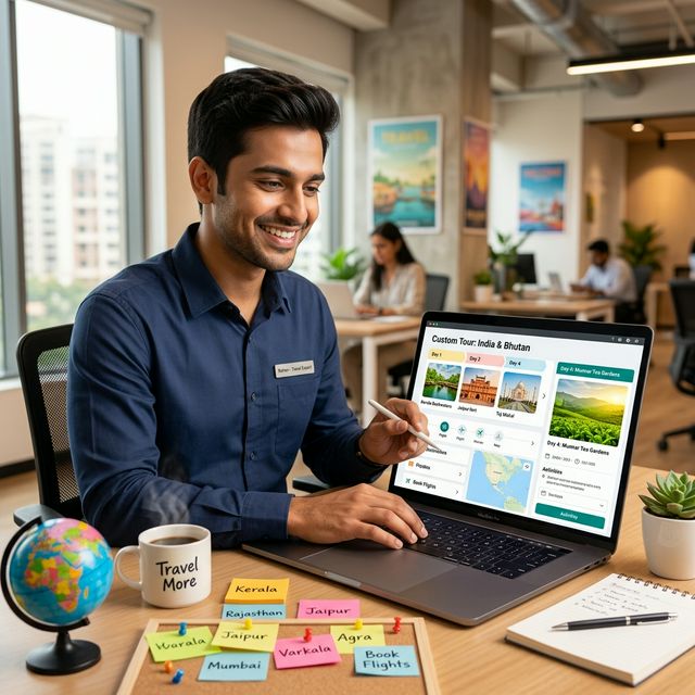 Travel agent building tour packages on laptop