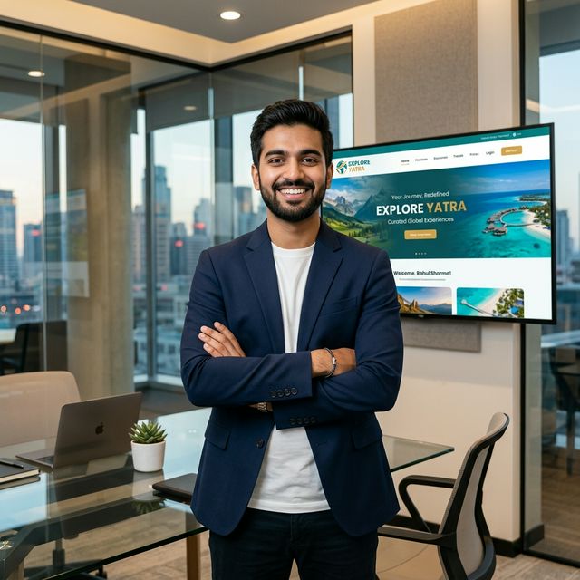 Entrepreneur proudly showcasing his branded travel platform